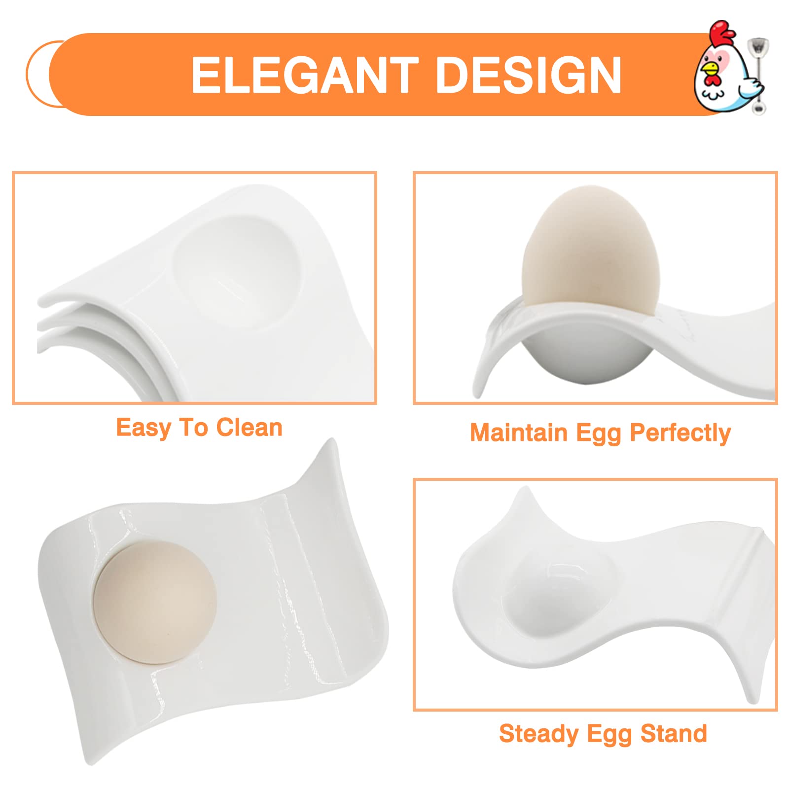 Egg Cup for Soft Boiled Eggs, Kitchenexus Egg Cups & Cracker Topper Set, 4pcs Set Ceramic Wave Egg Holder with Stainless Steel Egg Shell, Egg Stand Holders for kitchen