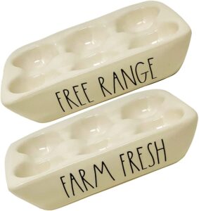 rae dunn by magenta ceramic 2-pc. egg holder | inscribed: free range and farm fresh