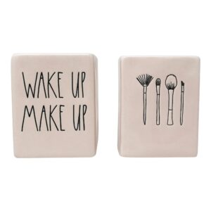 rae dunn set of 2 ceramic brush cup holders (make up/wake up/pink)