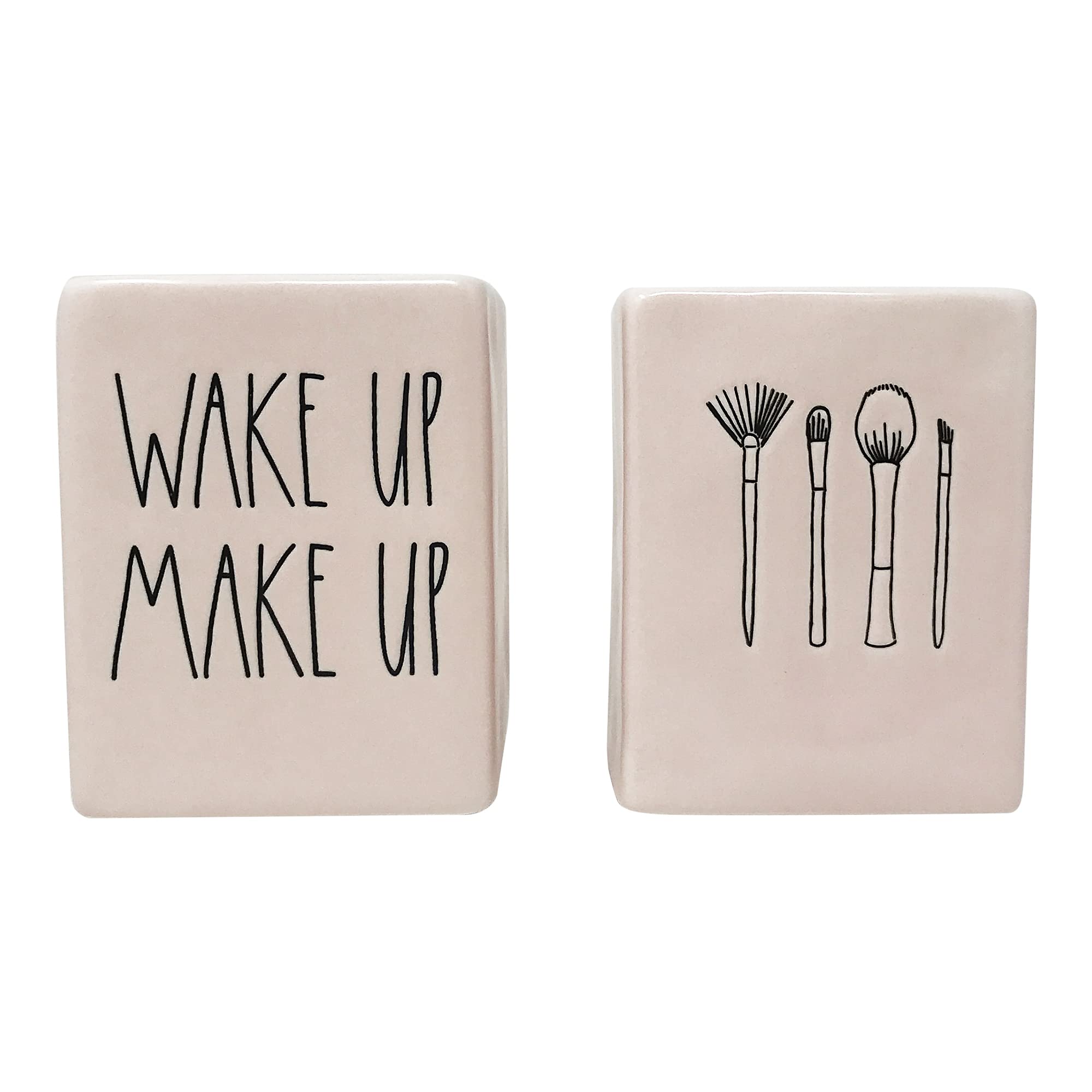 Rae Dunn Set of 2 Ceramic Brush Cup Holders (Make Up/Wake Up/Pink)