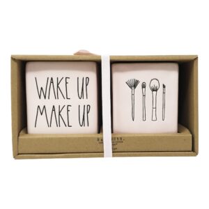 Rae Dunn Set of 2 Ceramic Brush Cup Holders (Make Up/Wake Up/Pink)