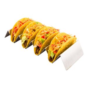 restaurantware 10.7 inch x 4 inch taco stand 1 holds 4 tacos taco rank - reversible dishwasher safe stainless steel taco holder for hard or soft shells