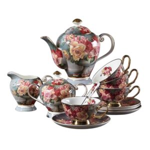 ycdjcs tea sets ceramic porcelain tea cup set european flower coffee cup set red rose painting for home use wedding gift teapots & coffee servers (color : multi-colored, size : 11pcs)