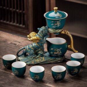 rora lazy kungfu ceramic tea set semi automatic drip rotating with infuser ceramic teapot set (tiger tea set+6 cups)