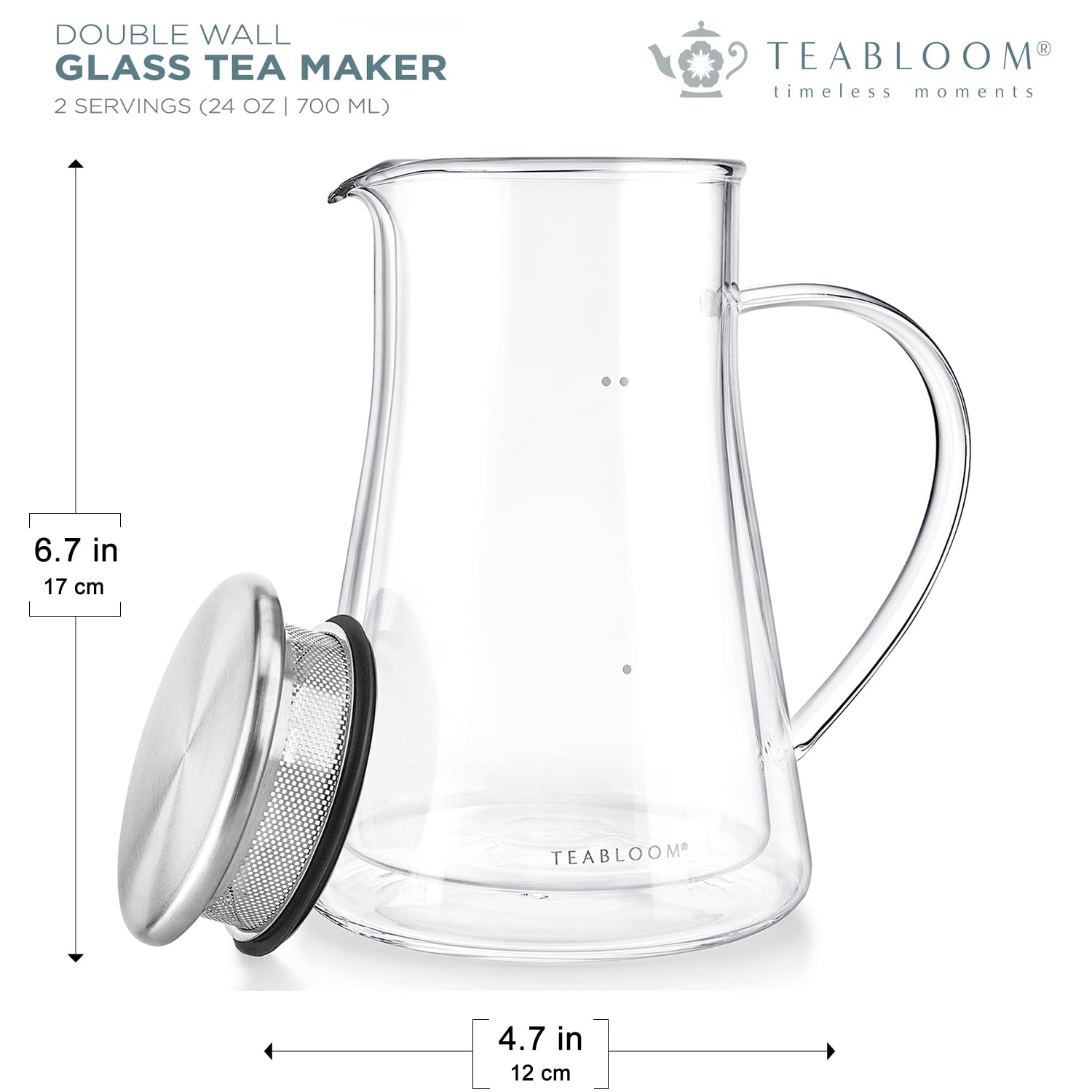 Teabloom Insulated Teapot – Tea Maker For Two (24 oz / 2 Mugs) – Double Wall Glass Tea Steeper with Stainless Steel Filter Lid for Loose Leaf Tea – Milano Collection