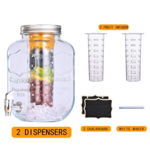 Eleganttime 1 Gallon Glass Drink Dispensers for Parties,2 Pack Beverage Dispenser with Fruit Infuser,Laundry Detergent Dispenser Punch Bowls Water Juice dispensers with Easy Flow Spigot for Outdoor