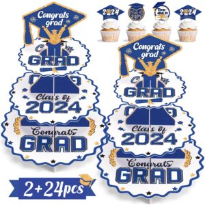jollylife 2 set graduation decorations class of 2024 blue and gold cupcake stand,3-tier cardboard congrats grad tower plus 24 cake toppers party supplies decor(assembly needed)