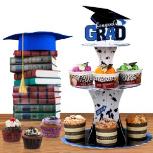 Graduation Cupcake Holder Decoration 3 Tier Congrats Grad Party Cupcake Stand Tower Cardboard Graduation Theme Dessert Stand for Graduation Party Supplies Favors (Blue and Black)