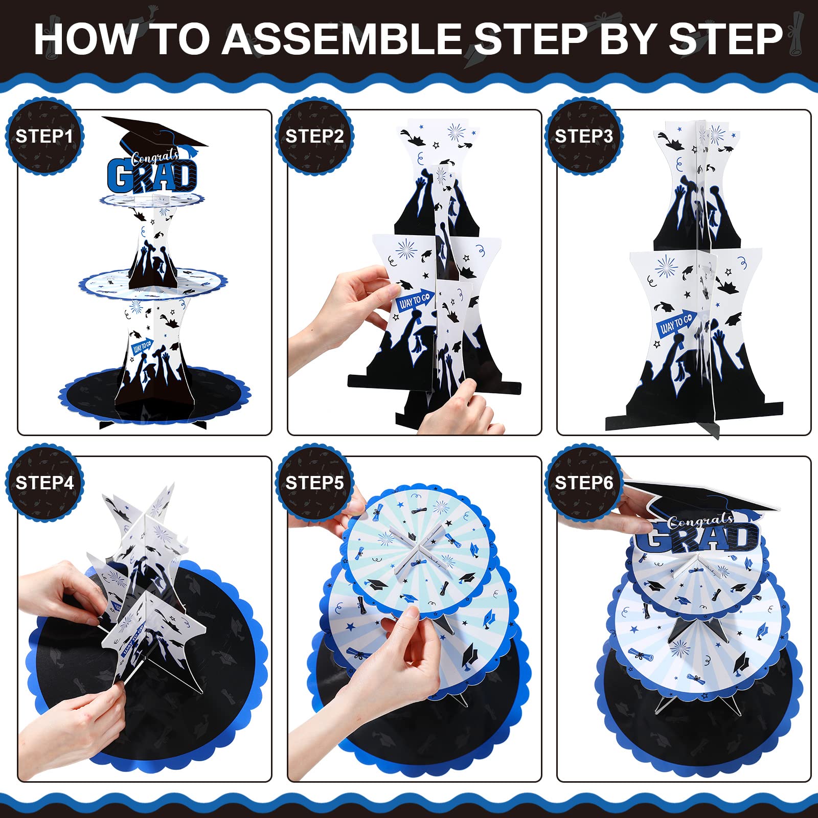 Graduation Cupcake Holder Decoration 3 Tier Congrats Grad Party Cupcake Stand Tower Cardboard Graduation Theme Dessert Stand for Graduation Party Supplies Favors (Blue and Black)