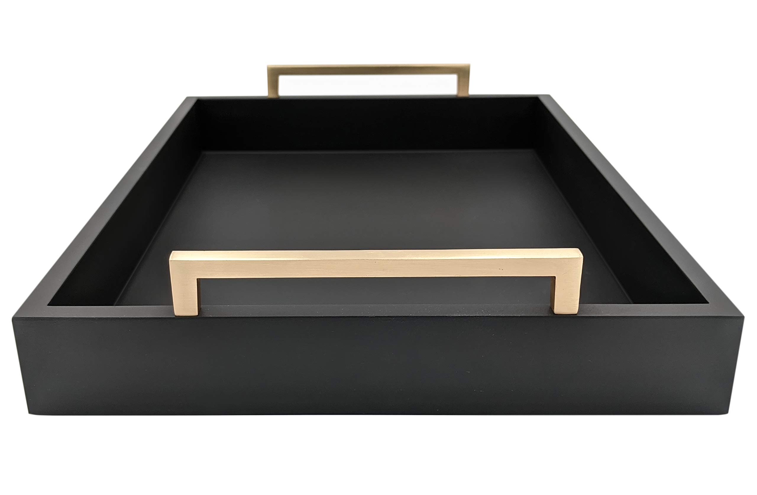 Montecito Home Decorative Coffee Table Tray - Ottoman Tray - Breakfast, Drinks, Liquor Serving Platter - from Farmhouse to Modern - Matte Finish - Champagne Gold Handles - Pitch Black Tray