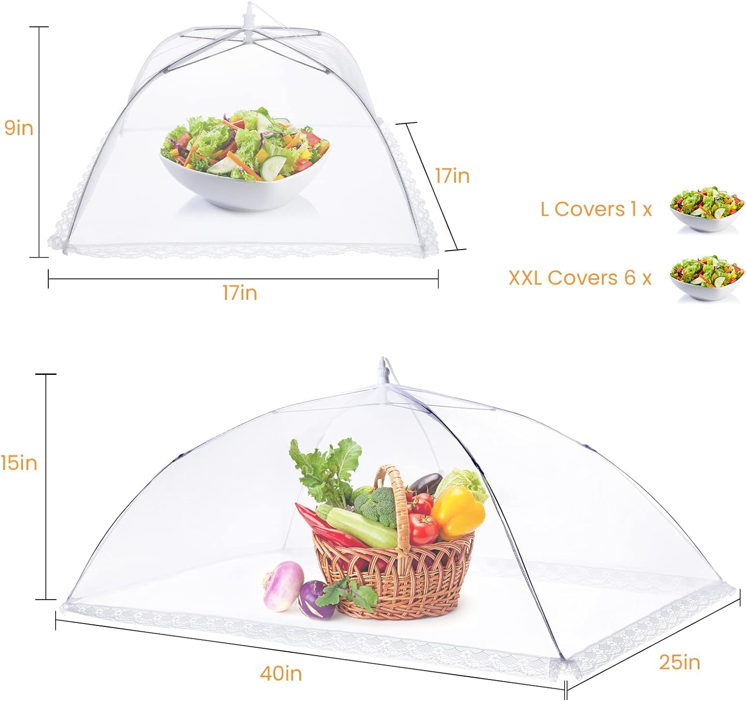 HOMKULA Food Covers for Outside - 1 Extra Large (40 x 25 in) & 6 Large (17 x 17 in) Food Tents/Food Covers for Outdoors Mesh Screen, Picnic Pool Party Supplies, Pop-Up and Collapsible