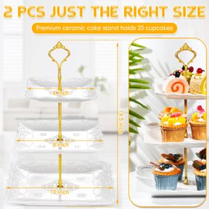 2 Pcs 3 Tier Porcelain Cupcake Stand, White Ceramic Tiered Stand, Afternoon Tea Stand, Pastry Serving Stand Elegant Dessert Cookie Stands for Wedding, Birthday, Tea Party (Lace Square Shape)