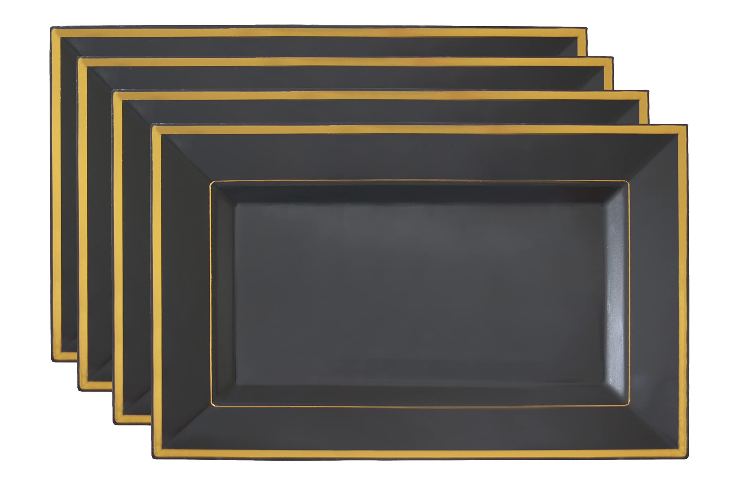 Hard Plastic Serving Tray Set, Black & Gold Rim Disposable Serving Trays & Platters for Food, Large Plastic Trays for Parties, Weddings, Food Trays for Cookies, Dessert, 8" x 13", 4 Pack