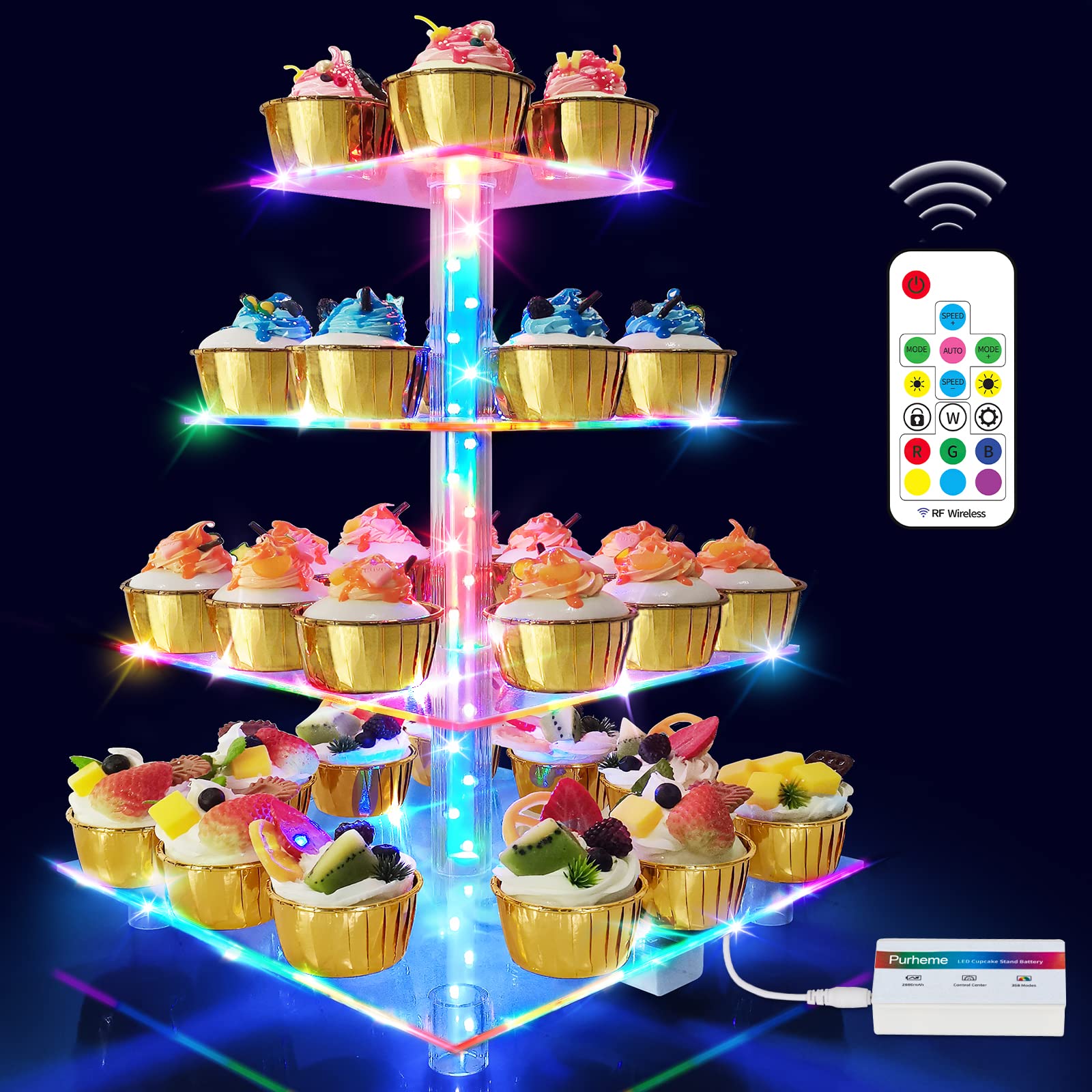 Cupcake Stand with Remote, Rechargeable 2600mAh Acrylic Cupcake Holder with USB-C Cable Multiple Color Changing Modes Speed&Brightness Adjustable Easy Installation Cupcake Tower Display Party Decor