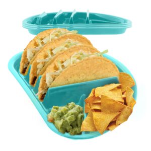 arrow home products fiesta taco plate, 4 pack - each plate includes 3 taco holders plus 2 compartments - bpa free plastic, made in the usa, dishwasher safe - teal blue