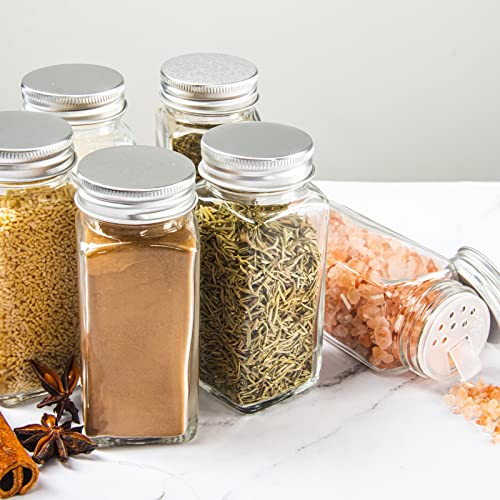 HAKEEMI 36 Pcs Spice Jars with Spice Labels, 4 oz Empty Glass Spice Containers with Shaker Lids & Metal Caps, Square Seasoning Jars Bottles