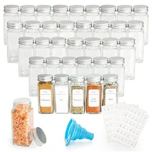 hakeemi 36 pcs spice jars with spice labels, 4 oz empty glass spice containers with shaker lids & metal caps, square seasoning jars bottles