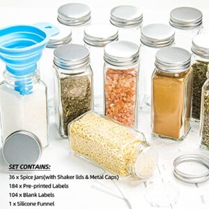 HAKEEMI 36 Pcs Spice Jars with Spice Labels, 4 oz Empty Glass Spice Containers with Shaker Lids & Metal Caps, Square Seasoning Jars Bottles