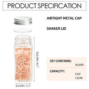 HAKEEMI 36 Pcs Spice Jars with Spice Labels, 4 oz Empty Glass Spice Containers with Shaker Lids & Metal Caps, Square Seasoning Jars Bottles