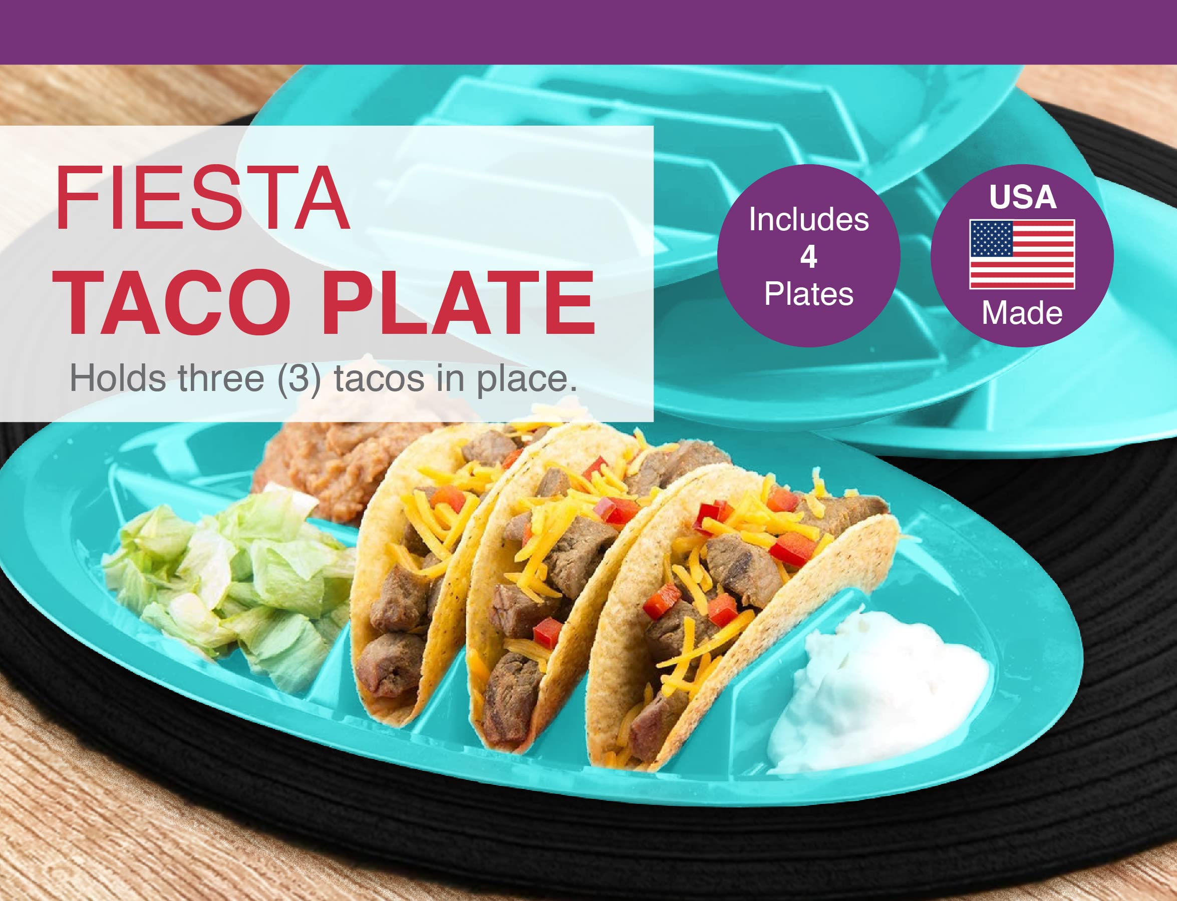 Arrow Home Products Fiesta Taco Plate, 4 Pack - Each Plate Includes 3 Taco Holders Plus 2 Compartments - BPA Free Plastic, Made in the USA, Dishwasher Safe - Teal Blue