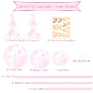 WEEPA Butterfly Cupcake Stand Birthday Party Supplies 3-Tier Round Cupcake Stand DIY Pink Cake Stand Display Table for Theme Party Birthday Baby Shower Wedding