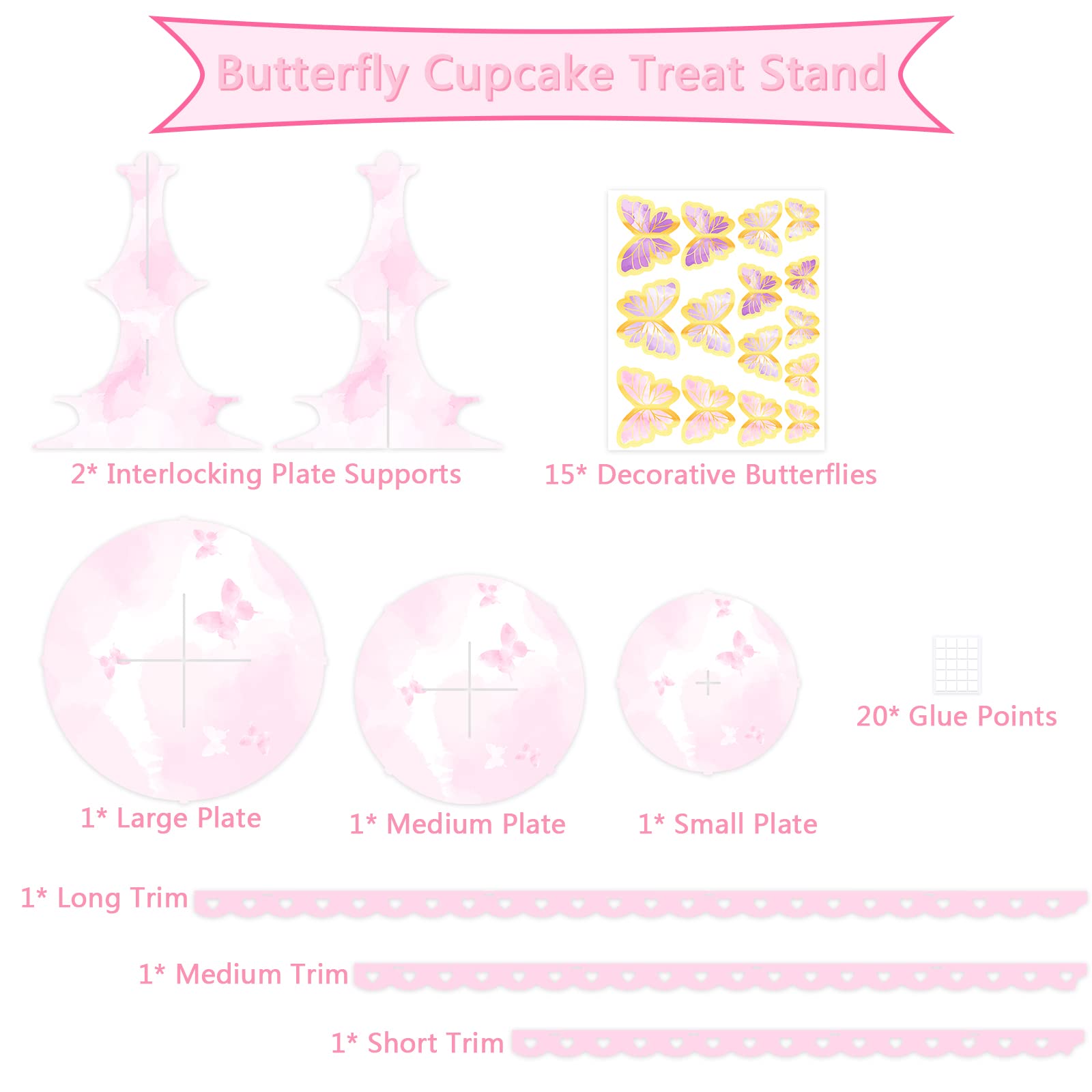WEEPA Butterfly Cupcake Stand Birthday Party Supplies 3-Tier Round Cupcake Stand DIY Pink Cake Stand Display Table for Theme Party Birthday Baby Shower Wedding