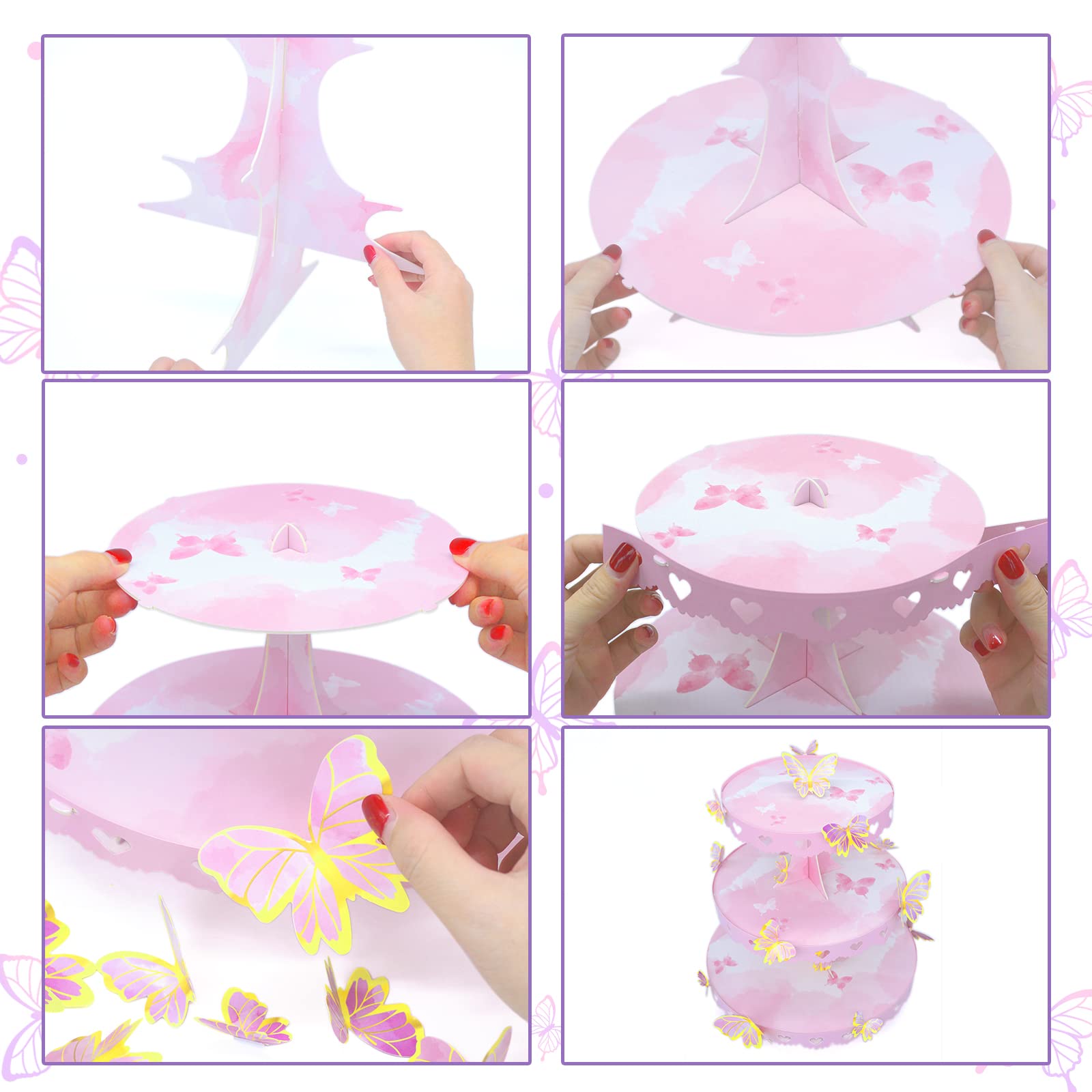 WEEPA Butterfly Cupcake Stand Birthday Party Supplies 3-Tier Round Cupcake Stand DIY Pink Cake Stand Display Table for Theme Party Birthday Baby Shower Wedding