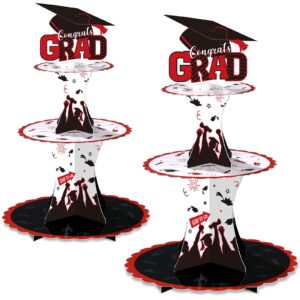 nuenen 2 pieces graduation cupcake stand 3 tier black graduation cupcake holder 2024 congrats grad cupcake holder dessert tower for graduation party decorations supplies favors (red)