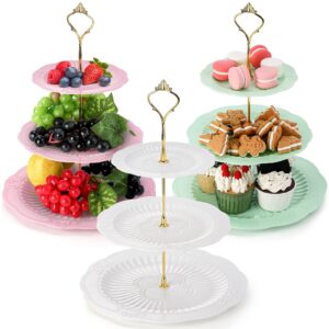 dicunoy 3 pack plastic cupcake stands, 3 tiered dessert trays for display, embossed serving plate tower holder, tea party tray for fruits, snack, candy, buffet, parties, wedding, birthday, christmas