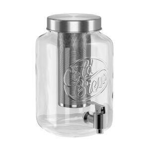 kook 1 gallon mason jar drink dispenser, thick glass carafe, stainless steel spigot and mesh filter, premium iced coffee maker, cold brew pitcher & tea infuser
