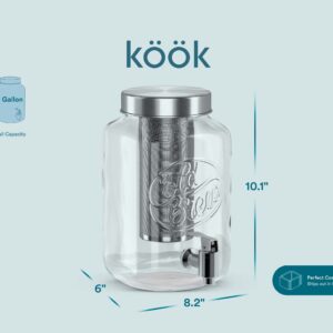 Kook 1 Gallon Mason Jar Drink Dispenser, Thick Glass Carafe, Stainless Steel Spigot and Mesh Filter, Premium Iced Coffee Maker, Cold Brew Pitcher & Tea Infuser