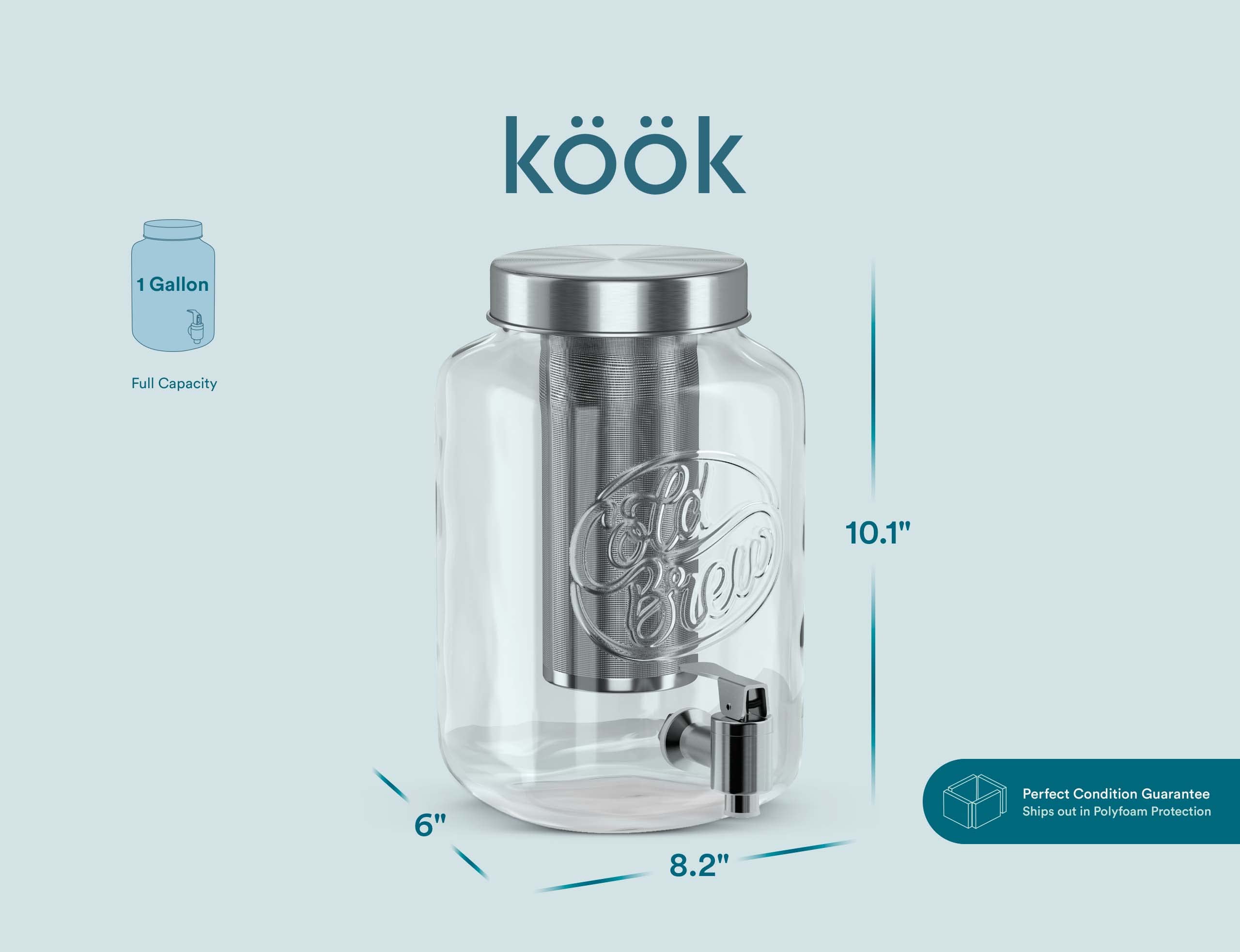 Kook 1 Gallon Mason Jar Drink Dispenser, Thick Glass Carafe, Stainless Steel Spigot and Mesh Filter, Premium Iced Coffee Maker, Cold Brew Pitcher & Tea Infuser