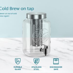 Kook 1 Gallon Mason Jar Drink Dispenser, Thick Glass Carafe, Stainless Steel Spigot and Mesh Filter, Premium Iced Coffee Maker, Cold Brew Pitcher & Tea Infuser