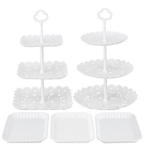 set of 5 dessert stand set, 3 tiers white plastic cupcake stand holder & rectangle plastic party serving trays/platters for wedding birthday baby shower tea party buffet (rectangular)