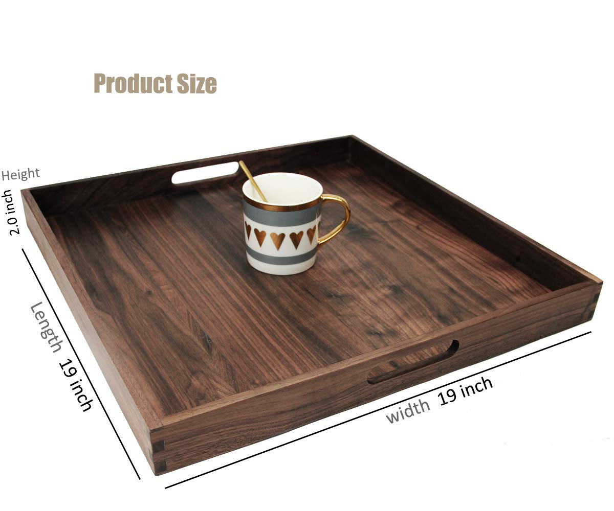 MAGIGO 19 x 19 Inches Large Square Black Walnut Wood Ottoman Tray with Handles, Serve Tea, Coffee Classic Wooden Decorative Serving Tray