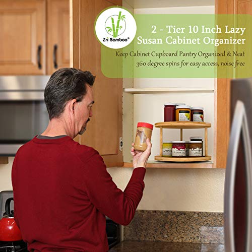 Lazy Susan Turntable Spice Rack - 10 Inch 2-Tier Bamboo Kitchen Countertop Cabinet Rotating Condiments Organizer