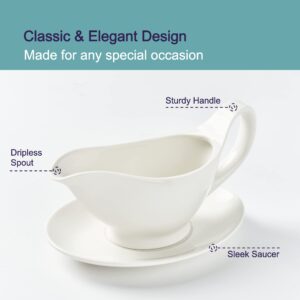 Dinnerlit Gravy Boat with Saucer - 16oz Fine Porcelain Sauce & Salad Dressing Boat (White)