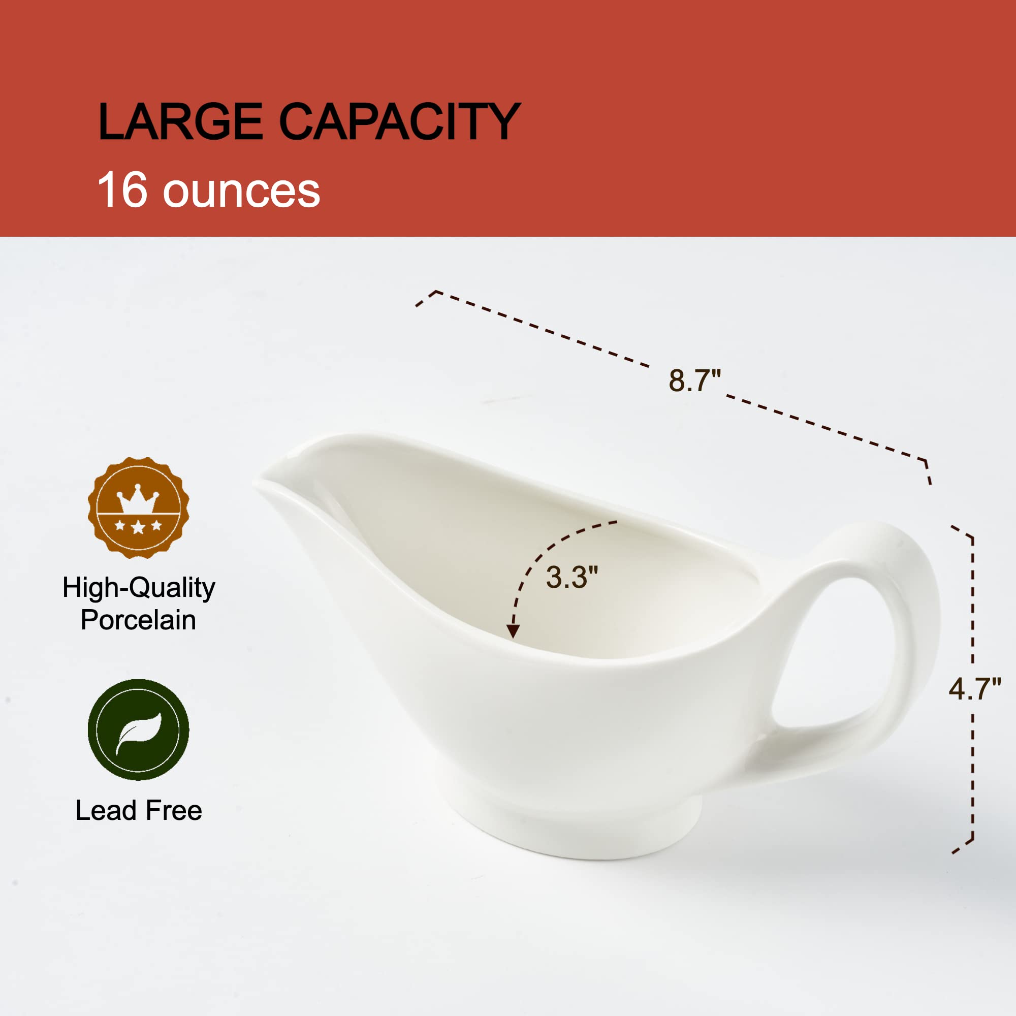 Dinnerlit Gravy Boat with Saucer - 16oz Fine Porcelain Sauce & Salad Dressing Boat (White)