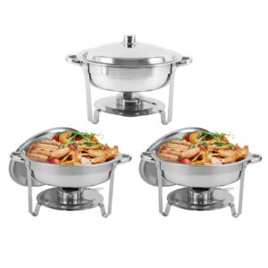 restlrious chafing dish buffet set 3 pack round stainless steel chafers and buffet warmers sets full size w/water pan, food pan, fuel holder and lid 5 qt, for catering party event serving