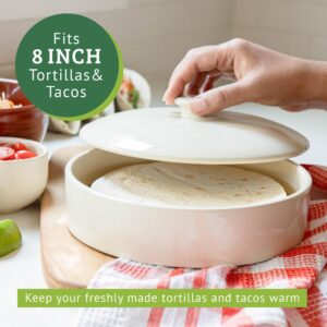 Chef Tacos Ceramic Tortilla Warmer, Microwavable, Tortilla Holder Container, Pancake Keeper, Best for Storage Tortilleros, with Lid (8-inch, Cream)