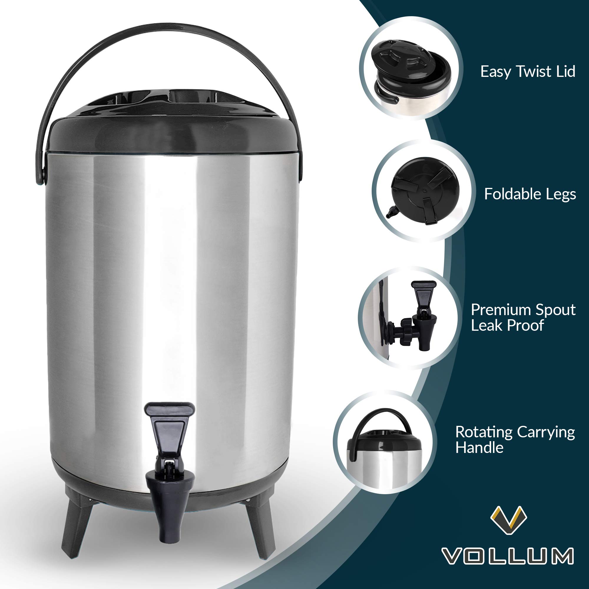 Vollum Stainless Steel Insulated Beverage Dispenser – Insulated Thermal Hot and Cold Coffee Carafe – 12 Liter Drink Dispenser with Spigot for Hot Water, Tea & Coffee, Cold Milk, Juice & More BLACK