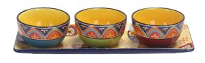 bico vintage tunisian ceramic dipping bowl set (9oz bowls with 14 inch platter), for sauce, nachos, snacks, microwave & dishwasher safe