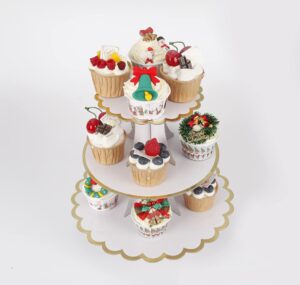 yldw 3-tier cupcake stand, lace trim cake stand holder, tiered diy cupcake stand tower for dessert table displays, birthday theme party favors decoration, floral tea party, 12" w x 12.8" h, white