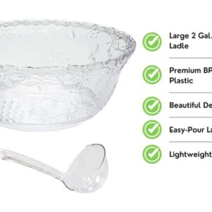 Premium Punch Bowl With Ladle Includes 8 Quart Serving Bowl With 5 oz serving ladle | Heavyweight Floral Embroidered Design | BPA Free Plastic | Punch Bowl Set 2 Gallons Large Punch Bowl for parties