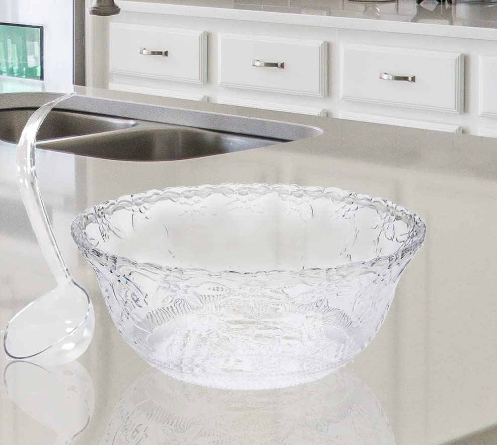 Premium Punch Bowl With Ladle Includes 8 Quart Serving Bowl With 5 oz serving ladle | Heavyweight Floral Embroidered Design | BPA Free Plastic | Punch Bowl Set 2 Gallons Large Punch Bowl for parties