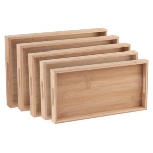 Bamboo Serving Tray Bamboo Decor - Five Piece Nested Breakfast Bamboo Tray - Wood Crafts Trays for Organizing | Bathroom Tray - Food Trays for Party Buffet Montessori Wooden Trays for Serving