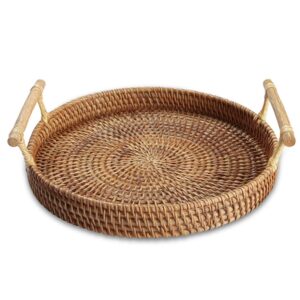 handmade rattan round woven basket, round serving tray with handles, food serving baskets, basket, great to display bread or fruit (10.6", 1pc)