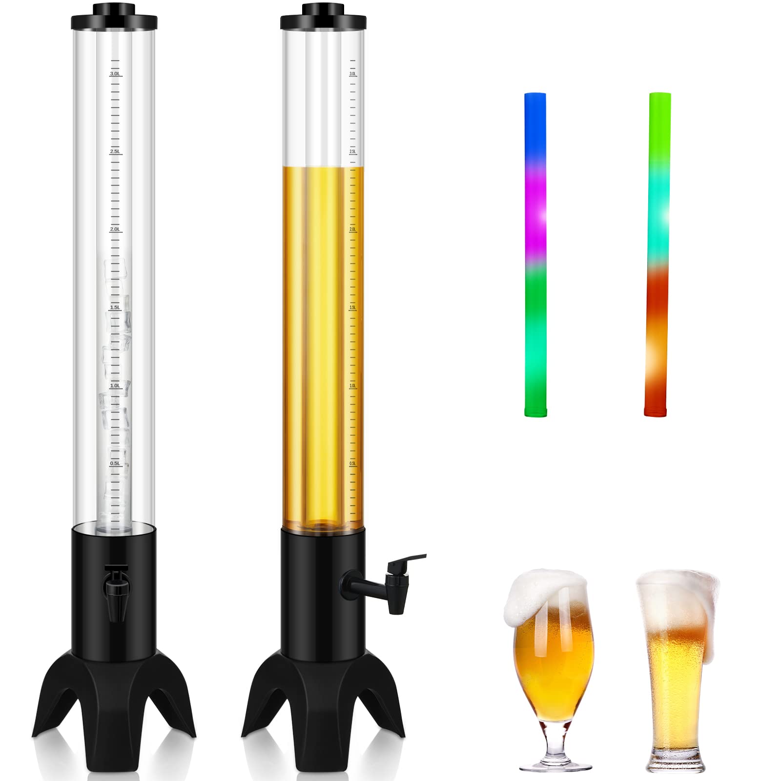 2 Pack Beer Dispenser 3 Liter/ 100oz Beverage Tower Dispenser Clear Tabletop Liquor Juice Margarita Drink Tower Dispenser with Removable Ice Tube and LED Light for Home Bar Party Outdoor