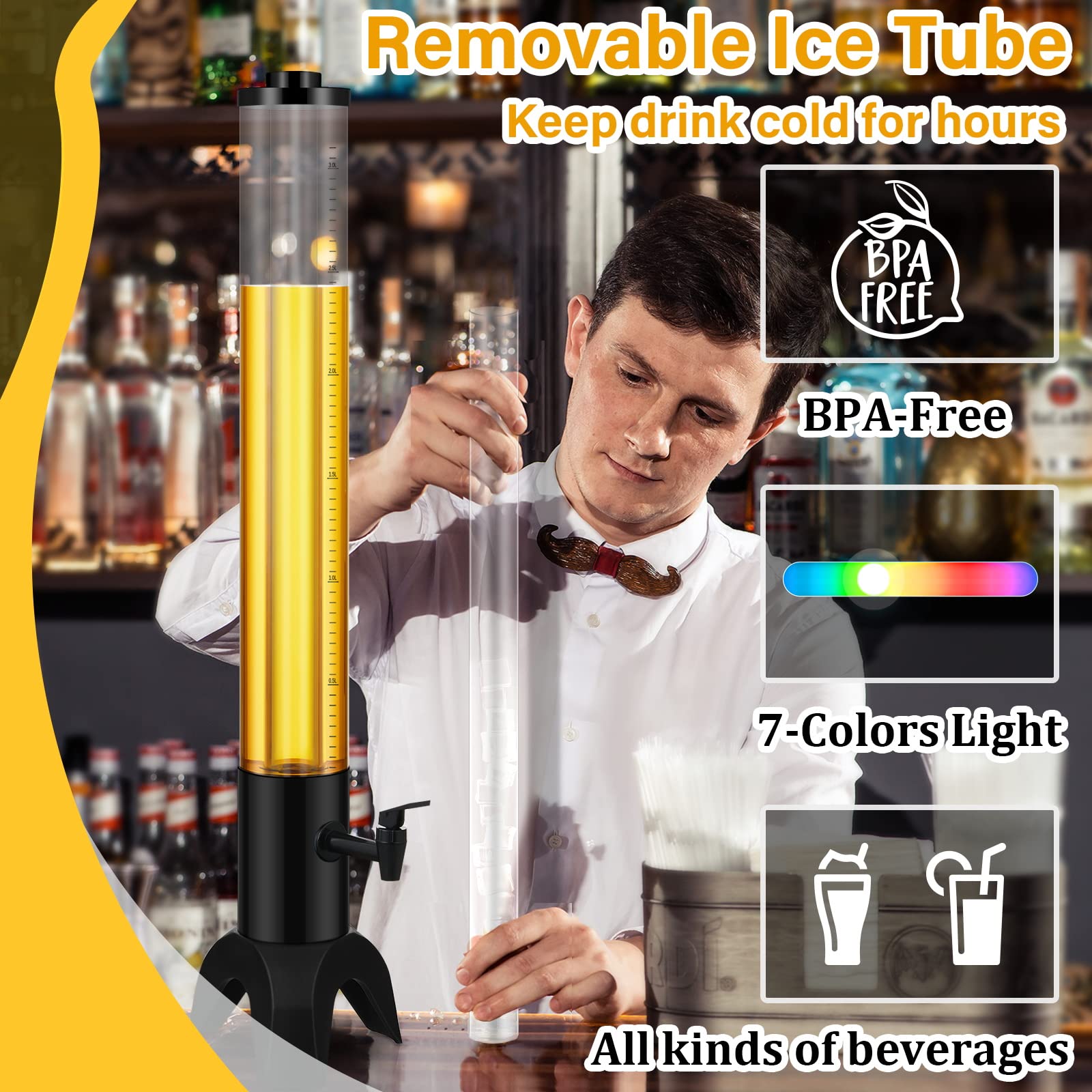 2 Pack Beer Dispenser 3 Liter/ 100oz Beverage Tower Dispenser Clear Tabletop Liquor Juice Margarita Drink Tower Dispenser with Removable Ice Tube and LED Light for Home Bar Party Outdoor