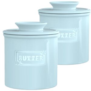 avla 2 pack ceramic butter crock, french butter dish with water line, butter keeper butter container for countertop, big capacity, aqua blue